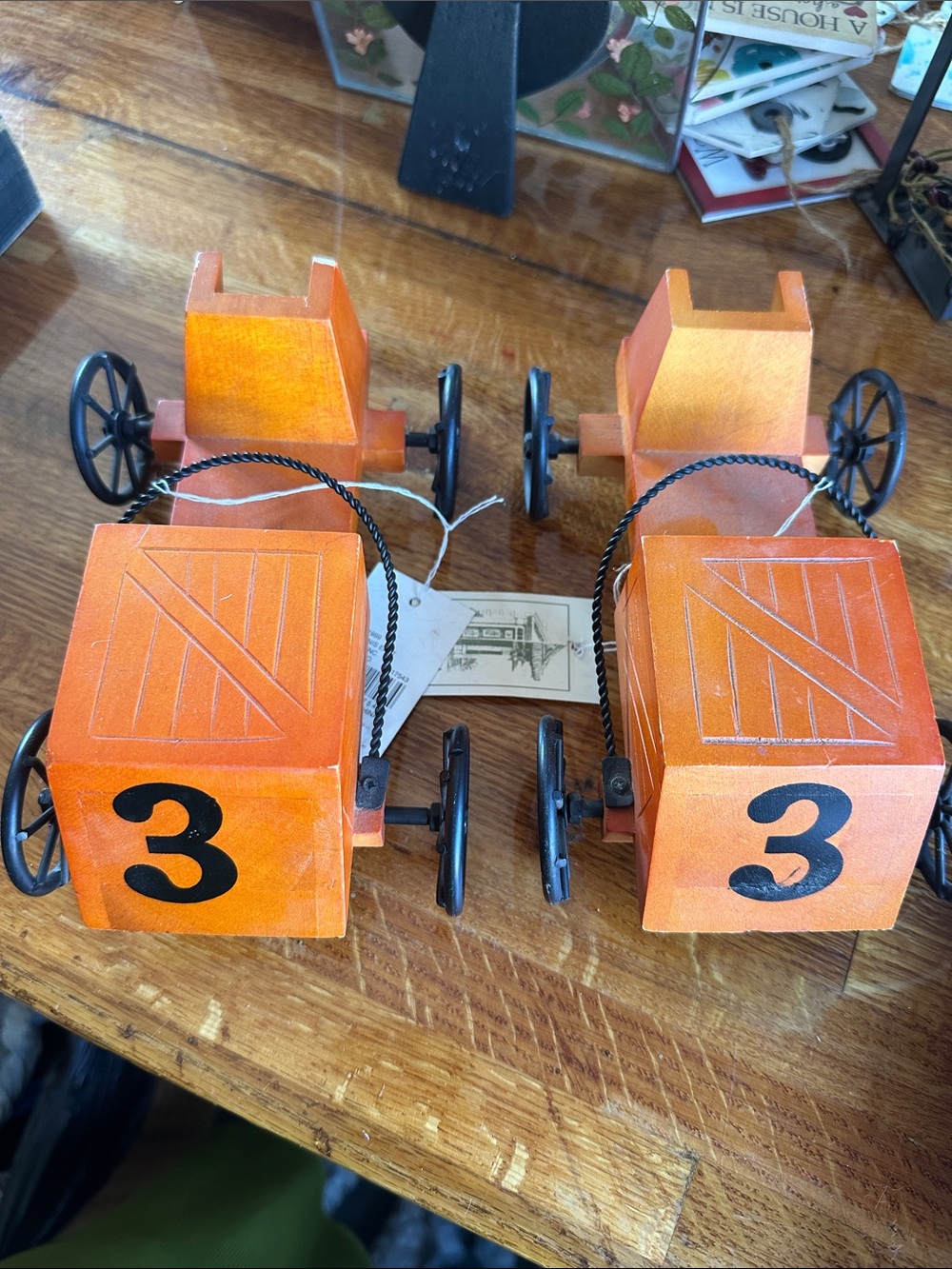 Wooden Orange Pull Cart Toy with Number 3 - Kids Vehicles